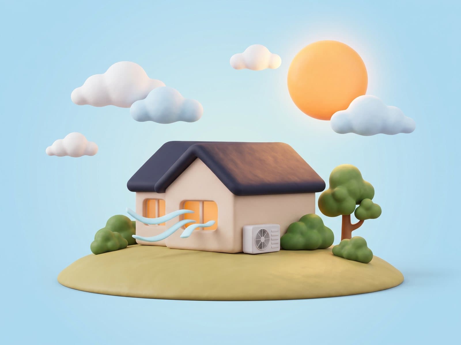 Clay illustration of a cream home with a split-system air conditioner on a bright summer day