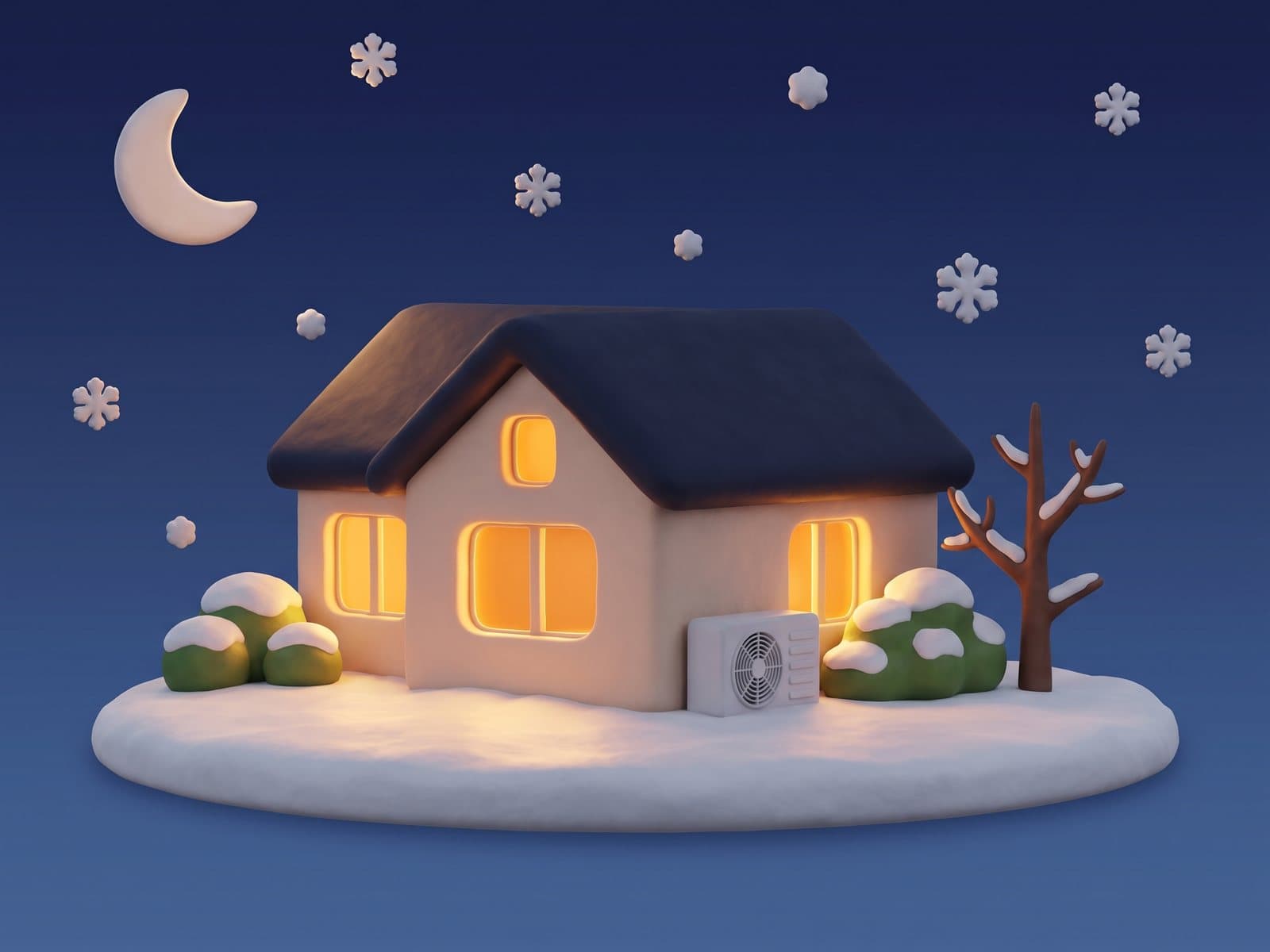 Clay illustration of a cream home with glowing windows on a snowy winter evening